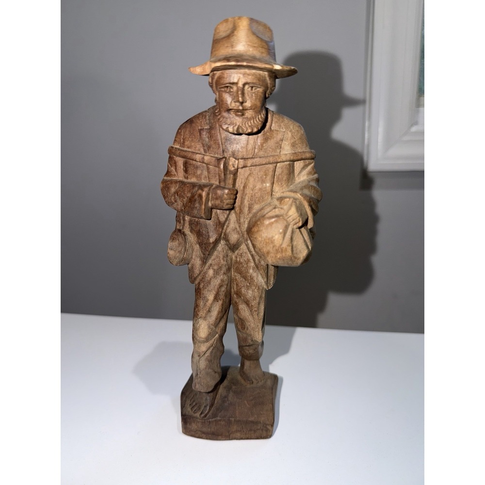 Vintage Hand Carved Wooden Traveling‎ Man Folk Art Figurine 9"